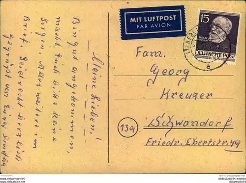 1953, Luftpostkarte ab BERLIN-SPANDAU frankiert mit 15 Pfg. Virchow nach Schwandorf. Michel 220,-