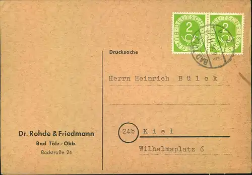1954, Drucksachenkarte mit waagerechtem Paar 2 Pfg. Posthorn ab BAD TÖLZ.