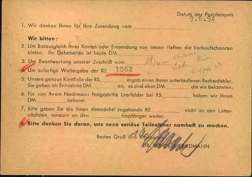 1954, Drucksachenkarte mit waagerechtem Paar 2 Pfg. Posthorn ab BAD TÖLZ.