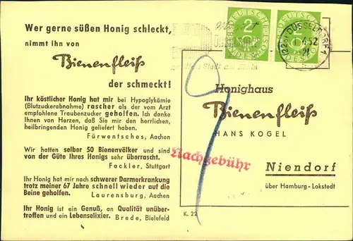 1954, Drucksachenkarte mit waagerechtem Paar 2 Pfg. Posthorn ab DÜSSELDORF. Nicht als Drucksache anerkannt, ""9"" Pfg. N