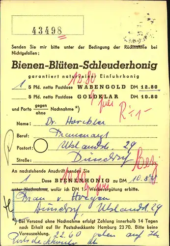 1954, Drucksachenkarte mit waagerechtem Paar 2 Pfg. Posthorn ab DÜSSELDORF. Nicht als Drucksache anerkannt, ""9"" Pfg. N