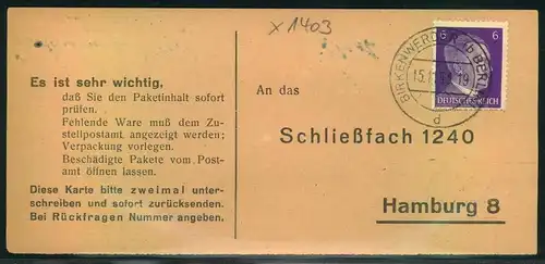 1943, Liebesgabenpaket Empfangsbestätigung ab BIRKENWERDER b. BERLIN