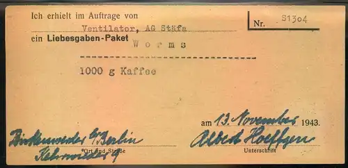 1943, Liebesgabenpaket Empfangsbestätigung ab BIRKENWERDER b. BERLIN