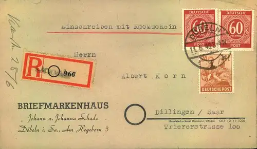 1948, Einschreiben mit Rückschein aus Döbeln, Sachsen