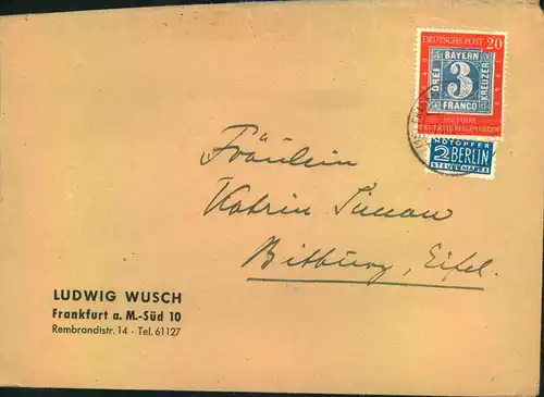 1949, 20 Pf.  „100 Jahre deutsche Briefmarken“ auf Fernbrief ab FRANKFURT a. n: