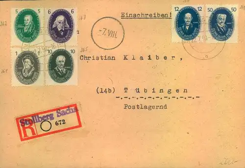 1950, Akademiesatz komplett auf 2 R-Briefen mit Not-R-Zettl „Stollberg Sachsen.