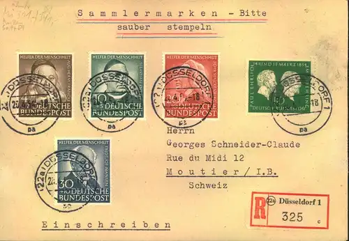 1953, Wohlfahrt komplett mit Zusatz auf R-Brief ab DÜSSELDORF