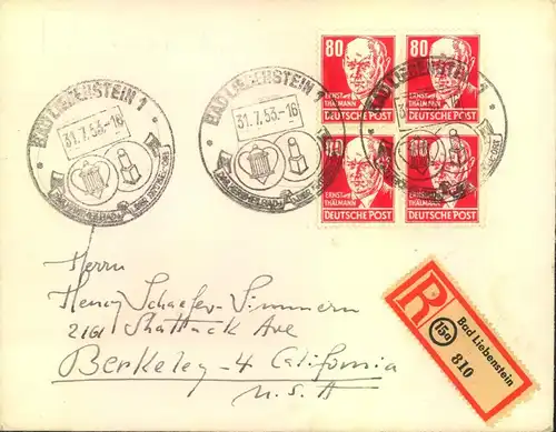 1954, 80 Pf. Thählmann rot im Viererblock auf Einschreiben nach USA. Ankunftsstempel auf der Rückseite.