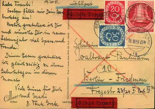 1951, Orts-Eilkarte mit MiF Dlocke links und Posthorn an BERLIN-FRIEDENAU