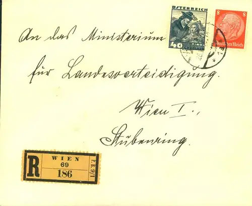 1938, OSTMARKOrtseinschreiben mit MiF in Wien