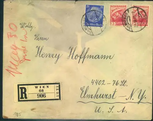 1938, OSTMARK Einschreiben ab WIEN nach USA.