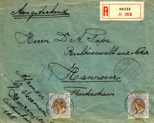 117 1/2 Ct. Wilhelmina als gute MeF auf R-Brief ab HUIZEN 27.V.22 nach Hannover.