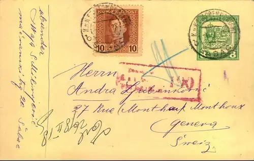 FELDPOST: 1918: Frageteil Feldpostkarte mit Zusatzfrankatur (P 4F, 58) ab SABAC in die Schweiz. Seltener Bedarf!