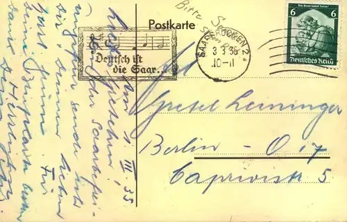 1935, Postkarte „1935 ZURÜCK ZUM REICH“, bedarfsgebraucht mit Sonderstempel. Saarabstimmung