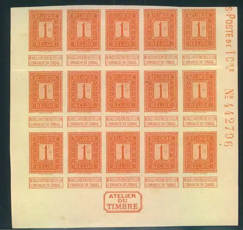 1912, 1 Cent.imperforated proof Bloc o - f 15  - "Atelier de Timbre