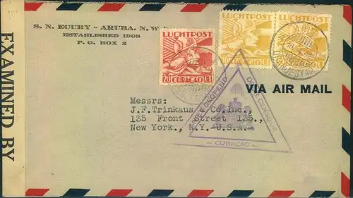 1942, air mail from CURACAO to New York with american censor