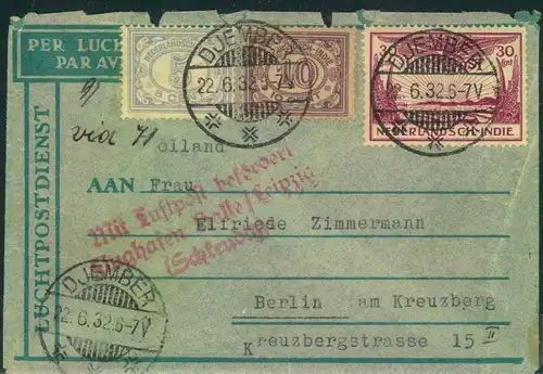 1932, air mail from DJEMBER nach Berlin mit Bestätigungsstempel Leipzig/Skeuditz