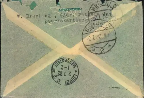 1932, air mail from DJEMBER nach Berlin mit Bestätigungsstempel Leipzig/Skeuditz