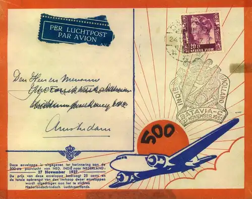 1937, decorative air mail cover früm BATAVIA with special cancellation to Amsterdam