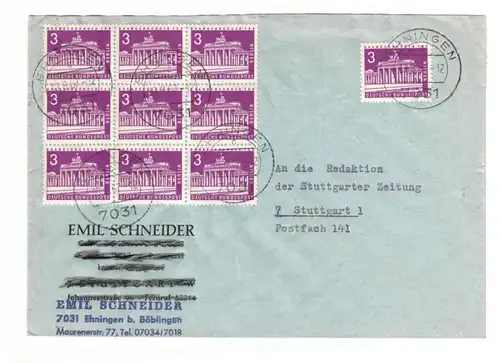 1961, 3 Pf. Bauten 10-mal auf Fernbrief von Ehingen nach Berlin