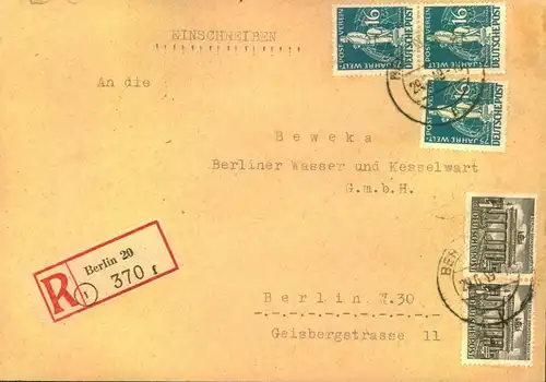 1949, Ortseinschreiben ab BERLIN 20 mit 3-mal 16 Pf. Stephan und 2-mal 1 Pf. Bauten