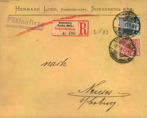 Einschreiben mit 20 und 10 Pfg. Krone/Adler ab "SONNEBERG (Sachsen-Mein.)