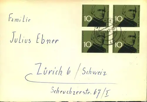 1961, 100 Jahre Ketteler im znbtrisch gestempelten Viererblock auf Ausladsbrief ab MÜNCHEN