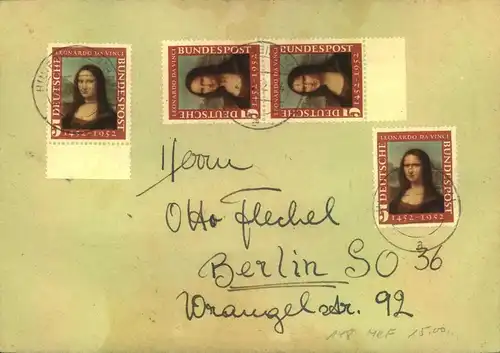 1952, Mona Lisa 4-mal als MeF auf Fernbrief ab Hinterweiden