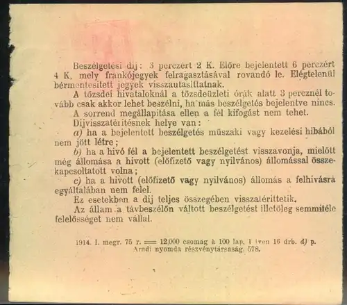 1891, receipt telephone fees from Pesth