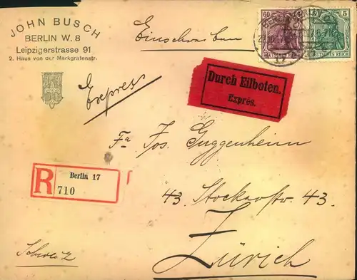1917, R-Eilbrief ab BERIN 17 nach Zürich-