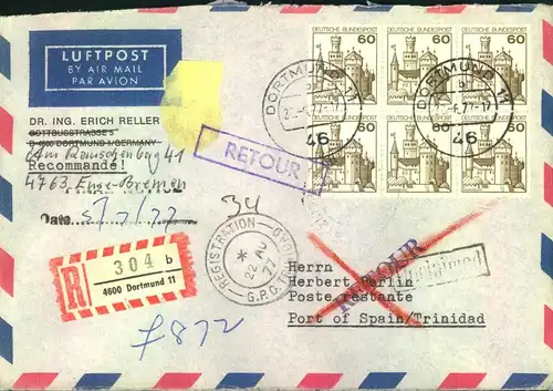 1977, 60 Pf. B & S im 6-er-Block auf LuPo - R-Brief ab Düsseldorf  nach Trinidad
