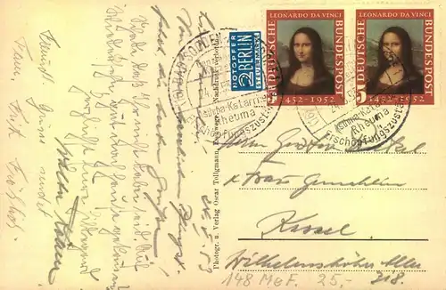 1953, 2-maö ;Mona Lisa auf Postkarte ab BAD SODEN ALLENDORF