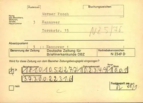 1975, 10 Pfg. Unfall als seltene EF auf Anschriftenprüfungskarte