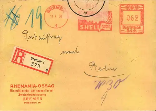 1938, Postauftrag ab BEREMEN 1 nach Berlin. Geöffnet und mit Nachporrto