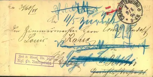 1891, nachgesandter Dienstbrief "Frei lt. Avers Bo. 21" ab CHARLOTTENBURG 1