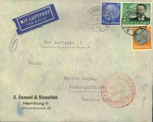 1936, hoch frankierter Luftpostbrief ab HAMBURG nach Chile