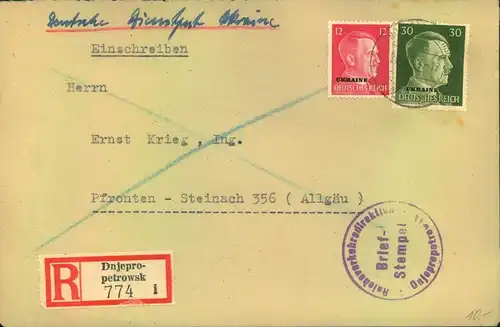 1944, DEUTSCHE DIENSTPOST  UKRAINE, R-Brief aus Dnjepropetrowsk