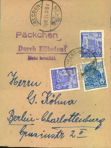 1954, Adressteil eines Päckchens ab Dresden. Frankatur Fünfjahresplan 1 + 2