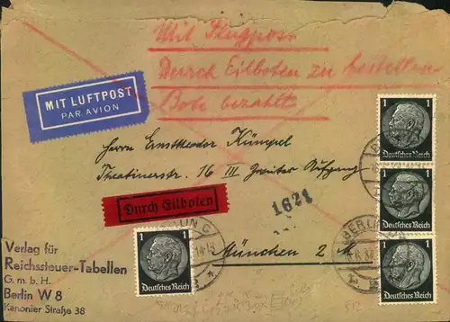 1937, schwerer Luftpost Eolbrief BERLIN - NPNCHEN