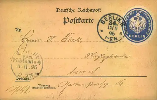 1896, Duenstkarte as BERLIN 24. Siegeloblate Fermsprechamt