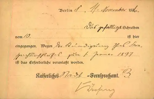 1896, Duenstkarte as BERLIN 24. Siegeloblate Fermsprechamt