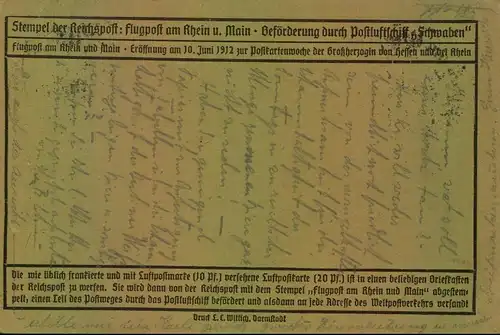 1912, FLUGPOST RHEIN-MAIN, 20 Pfg. auf brauner Karte gestempelt "OFFENBACH 13-6-12"