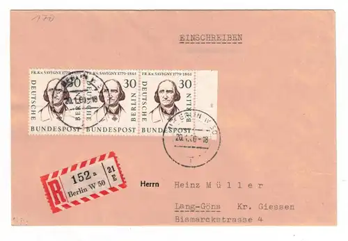 1960, 30 Pfg. Männer der Geschichte im 3-er Streifen auf Orts-R-Brief ab BERLIN W 50