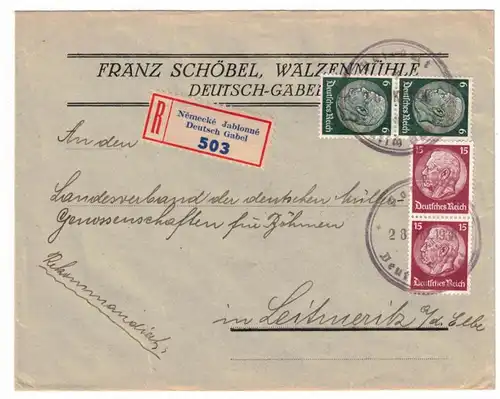 1938, SZDETENLAND, Einschreiben mit deutschem Stempel "Deutsch Grab"