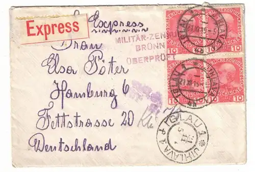1915, dekorativer Expressbrief ab IGLAU mit Militärzensur Brüün Oberprüfstelle