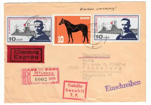 1967, Einschreiben / Eilboten ab LEIPZIG mit rotem „Gebühr bezahlt“