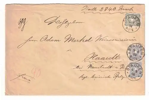 1884, Wertbrief über 2840 Mark  mit 5 kompletten Siegeln ab STAUFEN.