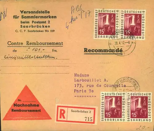 1957,  Einschreiben/Nachnahme mit 4-mal 15 F Saarmesse