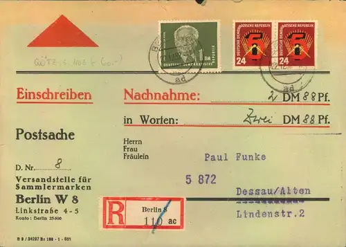 1952, hoch frankierter R-NN-Brief von der Versandstelle - BERLIN W 8