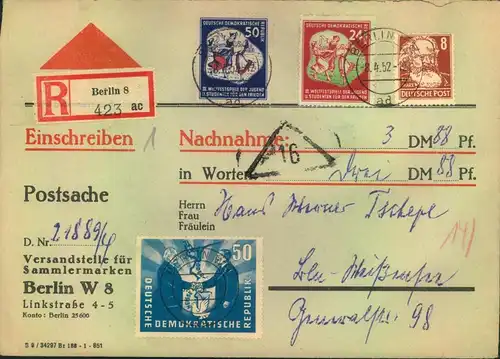 1952, hoch frankierter R-NN-Brief von der Versandstelle - BERLIN W 8
